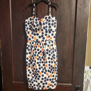 Minuet Petite Strapless Dress in Navy and Orange Dots